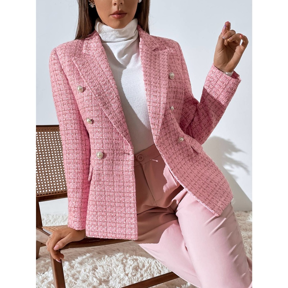 business plazacore tweed Plaid Print Double Breasted Blazer jacket